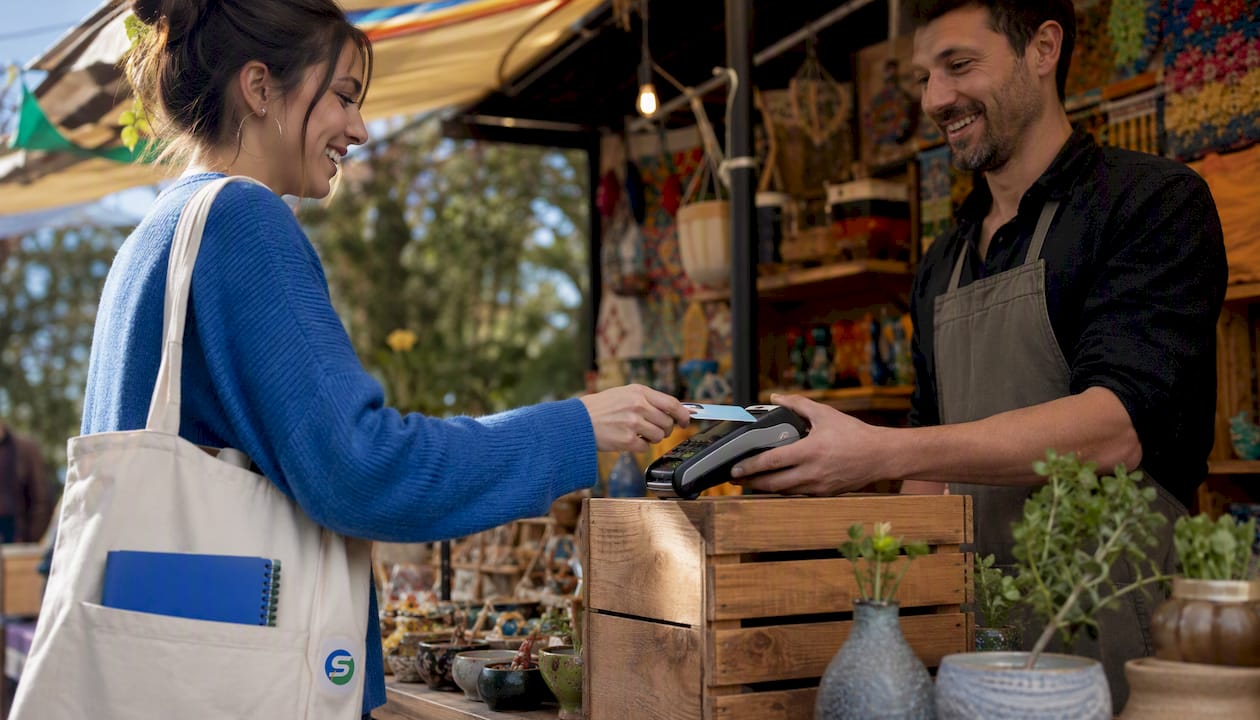 Customer paying with contactless card at POS
