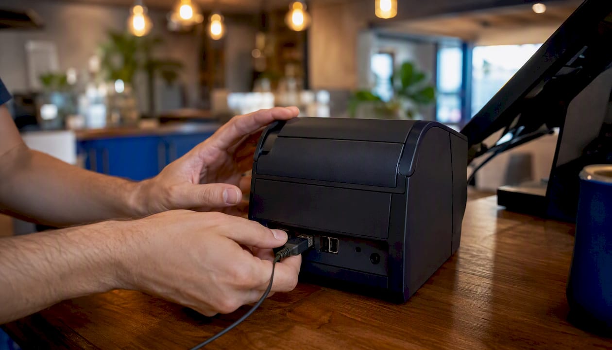 Hands wiring USB cable to printer