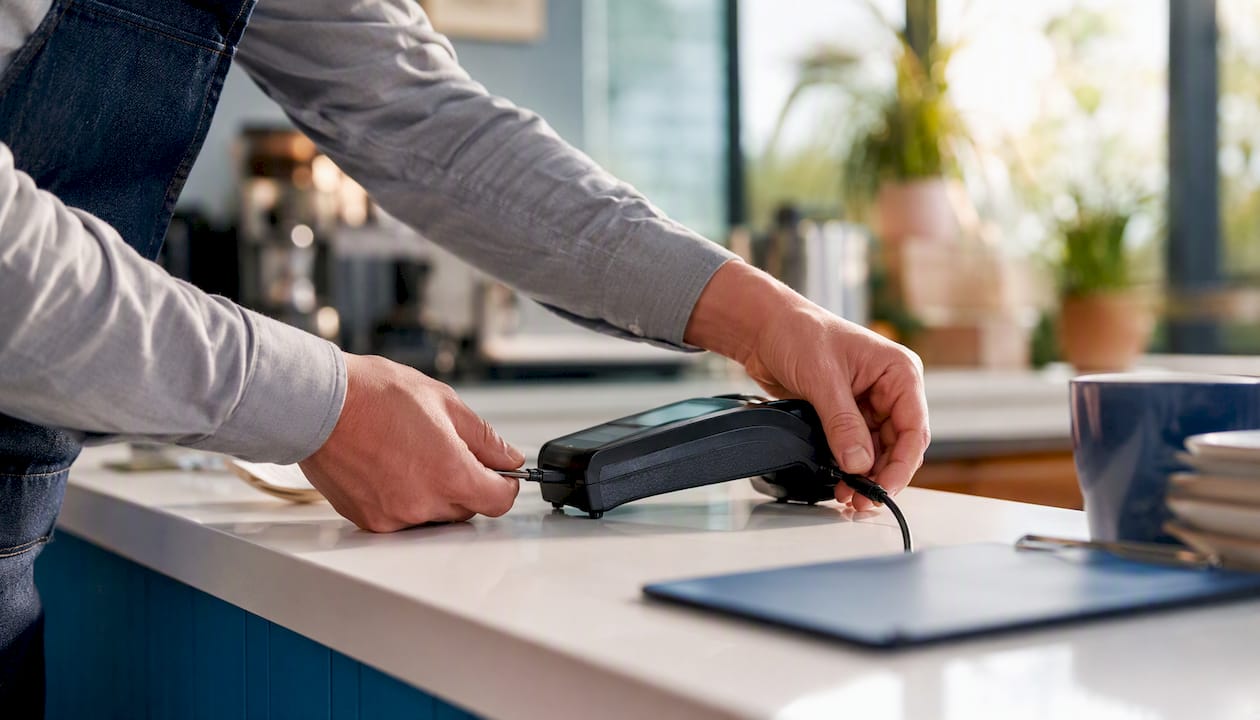 Hands unplugging payment terminal cable