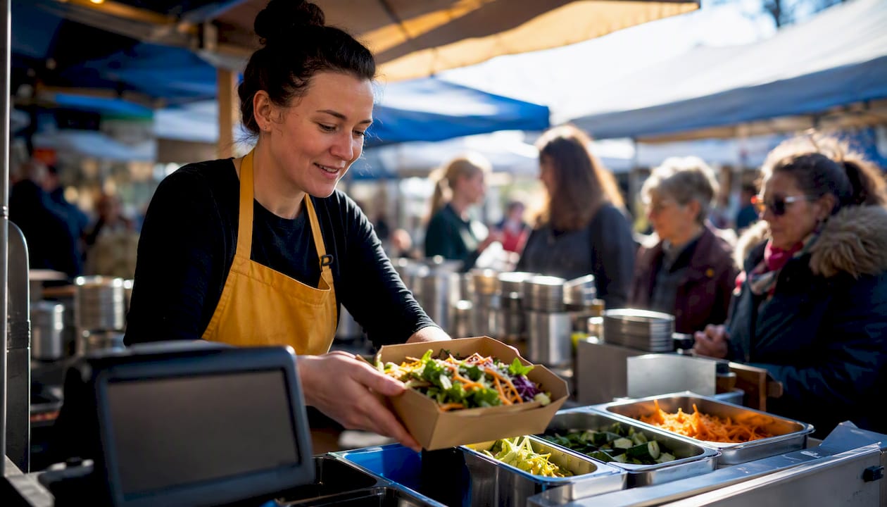 Fresh food container on market stall counter