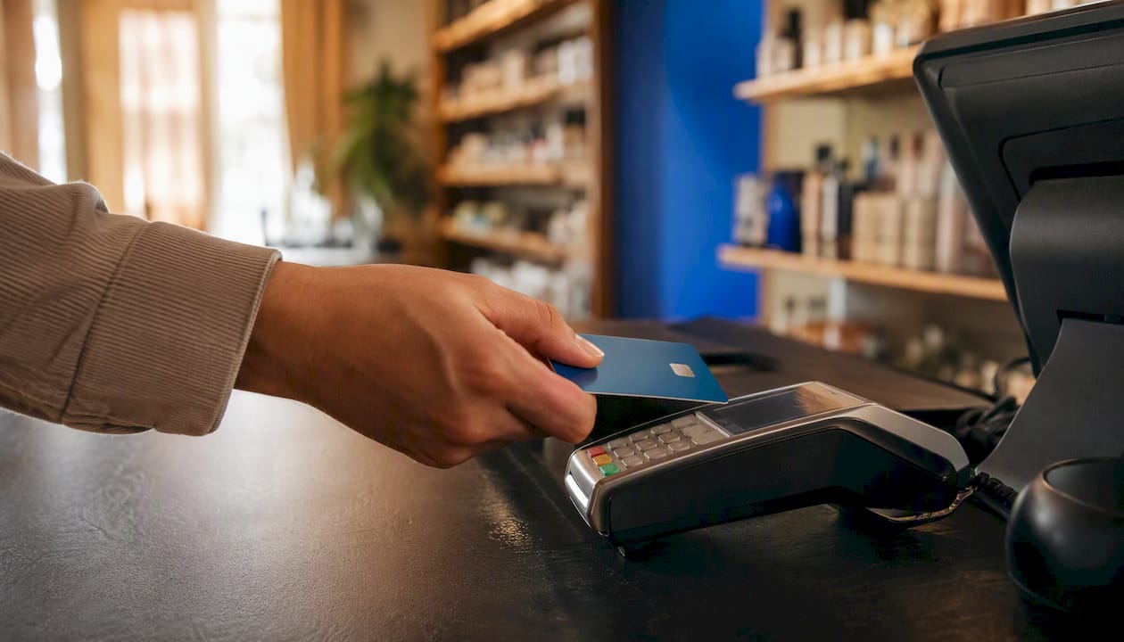 Hands tapping card terminal on EPOS counter