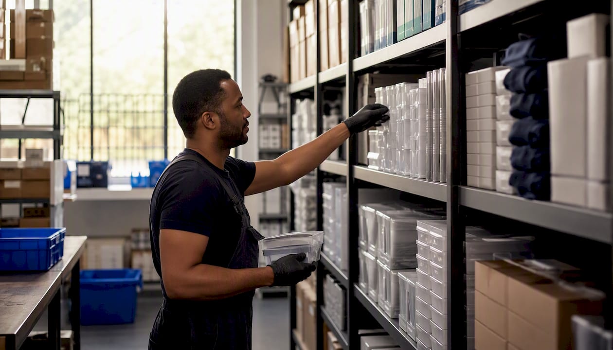 Organized retail storeroom with hand placing product