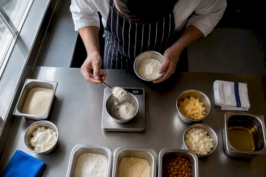 Chef measuring ingredients for recipe costing