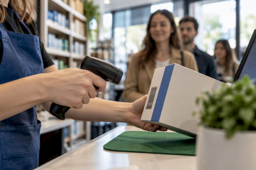 Staff scanning coded stock at retail counter